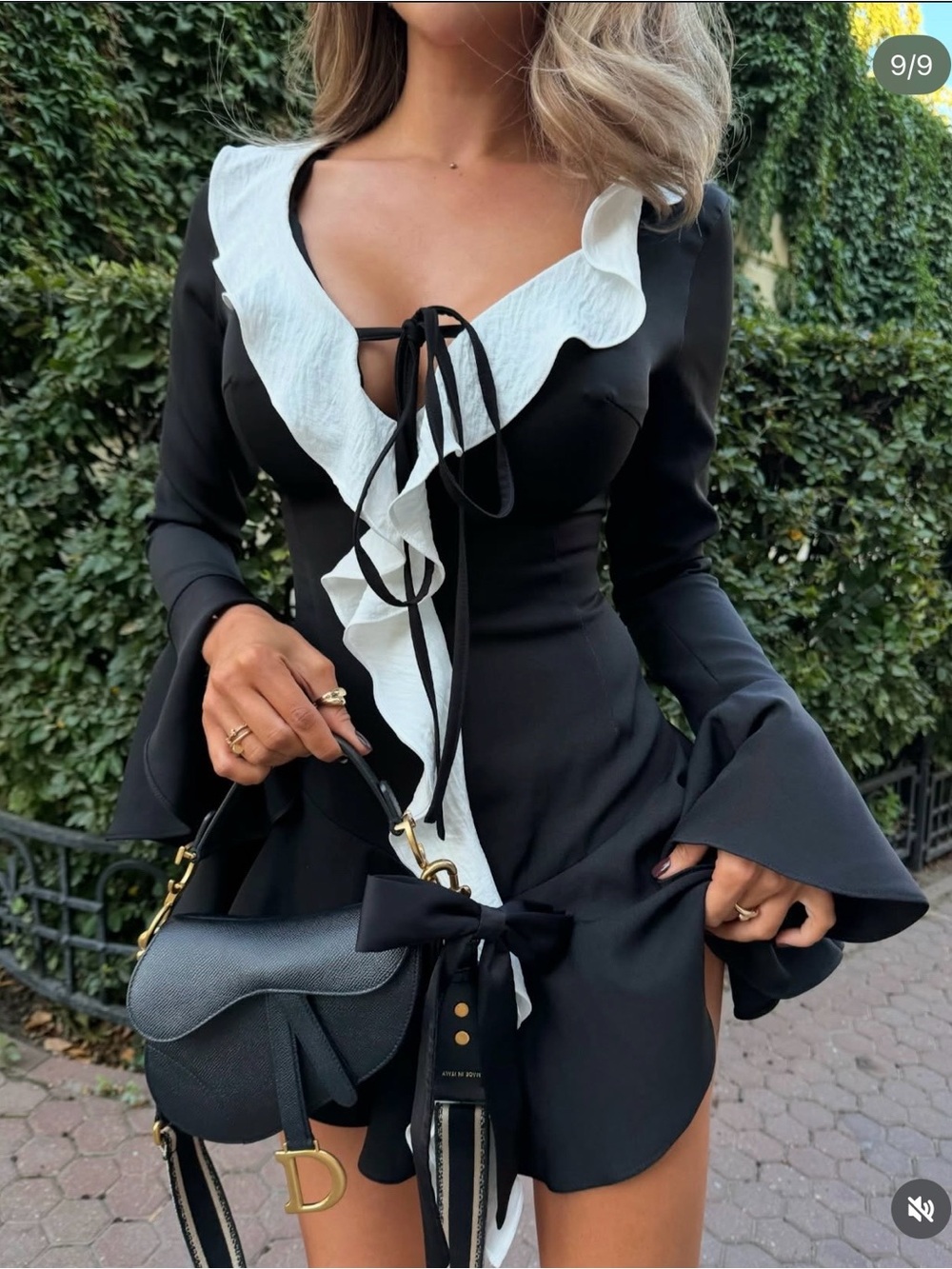 Chic Black Mini Dress with White Ruffle Trim